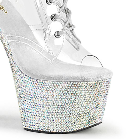 Rhinestone Platform Clear Lace Up High Heel Ankle Boots - Picture 2 of 4